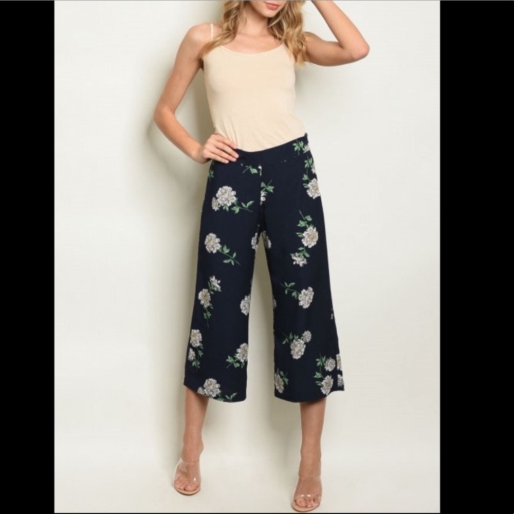 🆑 Floral Printed Pants Navy White Flowy Breezy Crop Trousers Slacks High Waist
